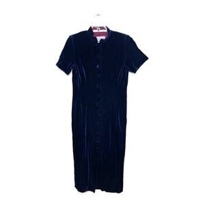 Vtg Women‎ Deep Blue Velvet Button Up Midi Dress Asian Collar Whimsigoth 90s 10